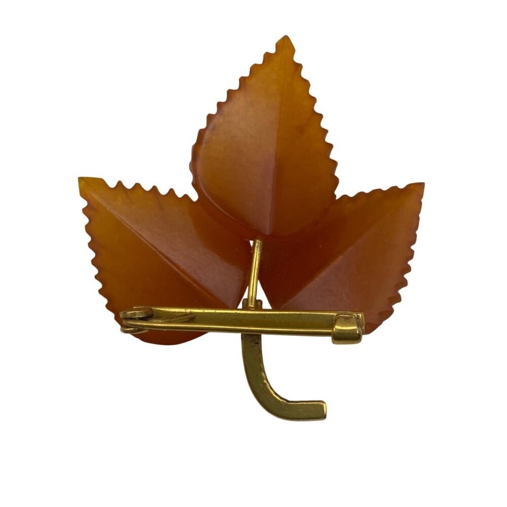 Baltic Amber Leaf Brooch Mid Century Gold Plate Vintage Hand Carved 4.68g 1.75" - Picture 11 of 13